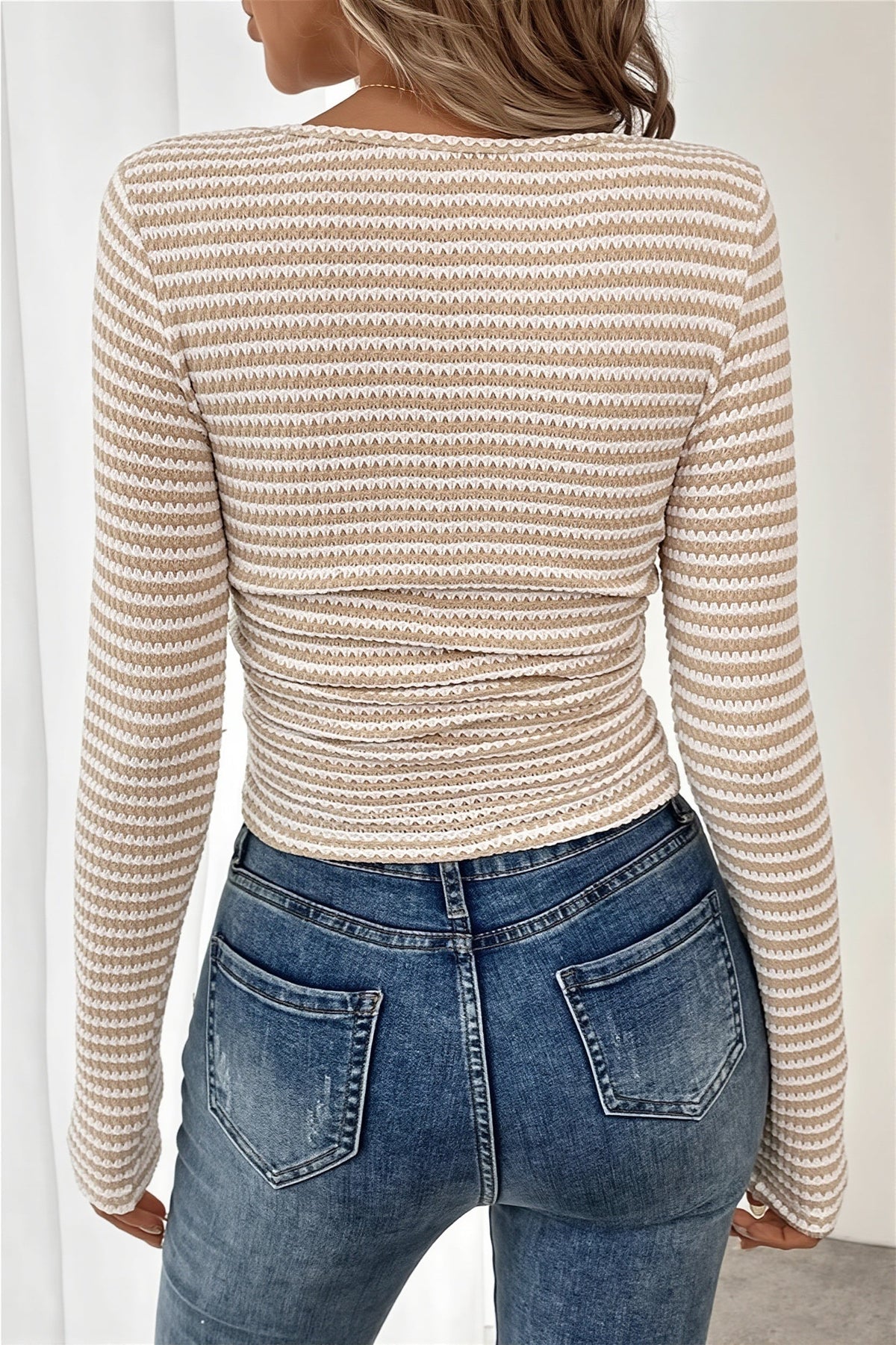 Striped Openwork Square Neck Blouse