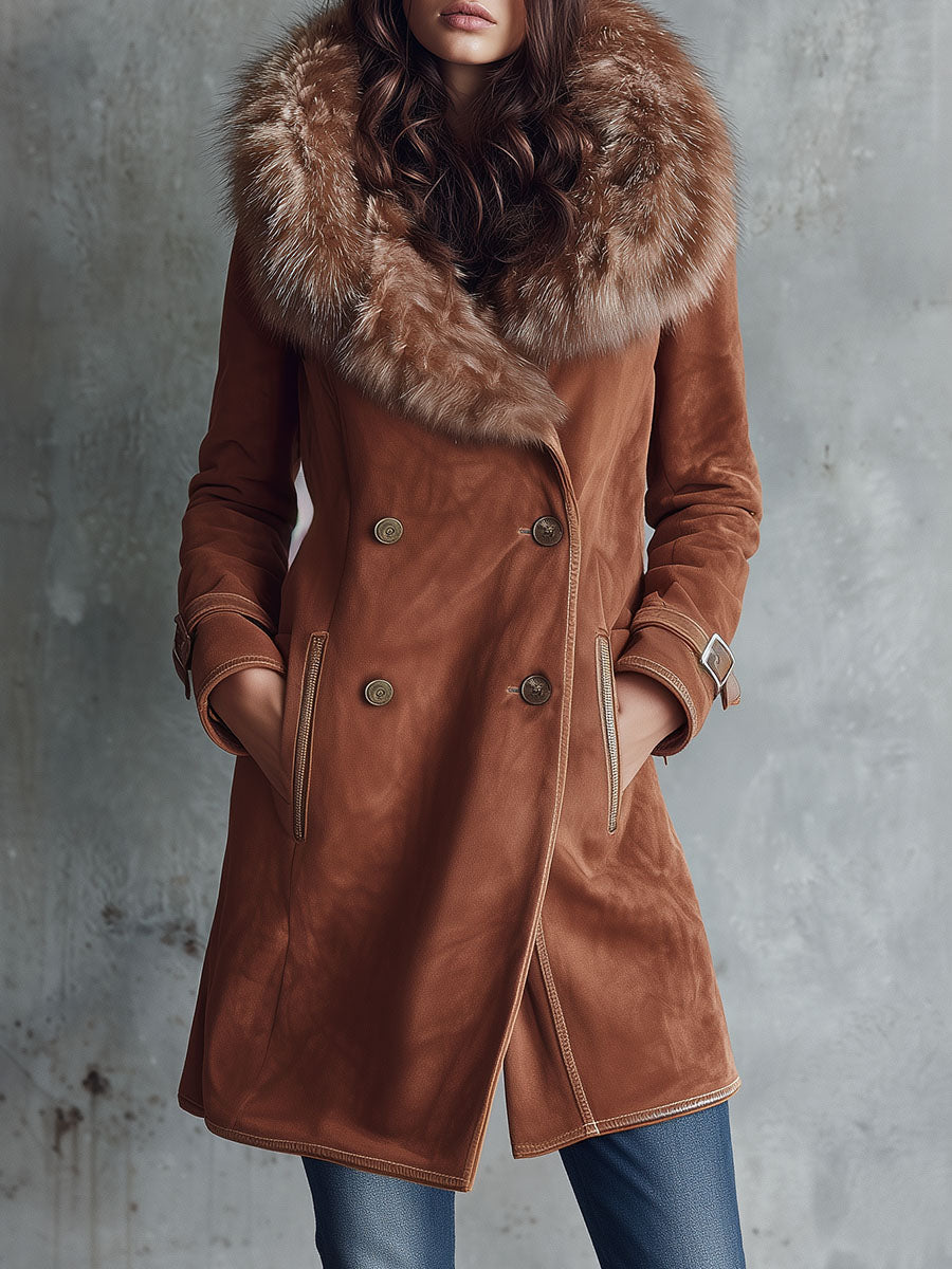 Double-Breasted Camel Microsuede Coat With Luxury Eco Fur Collar - Fashionpara