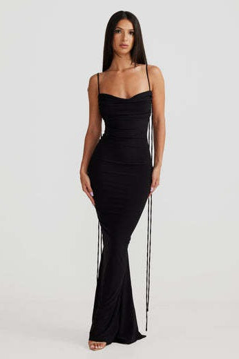 Cowl-Neck Spaghetti-Strap Lace-Up Fishtail Maxi Gown