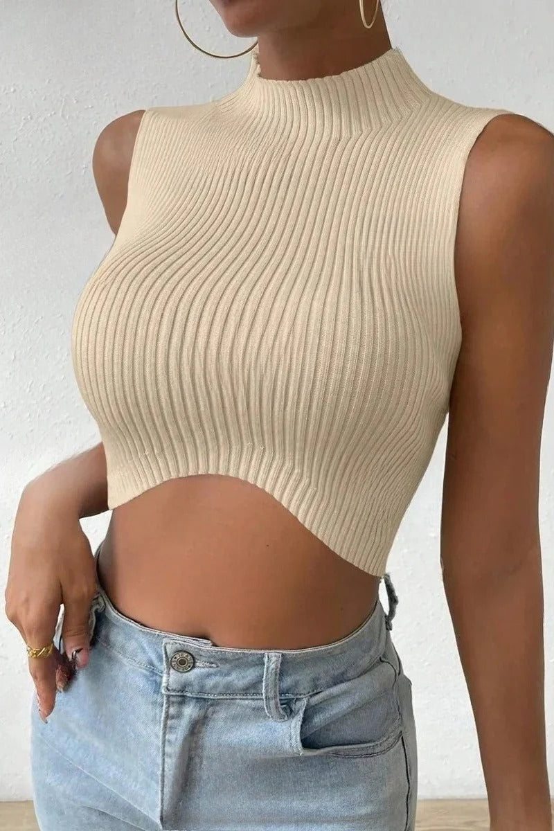 Knit Sleeveless Mock Neck Crop Top - Fashionpara