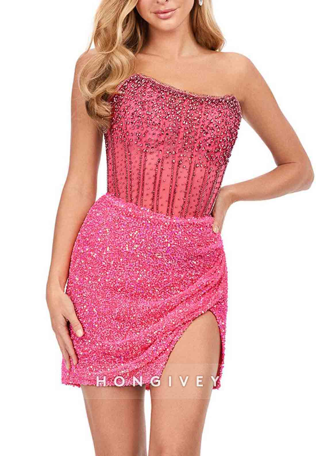 Side Slit Strapless Glitter Sheath Pleated Beading Mini Homecoming Dresses