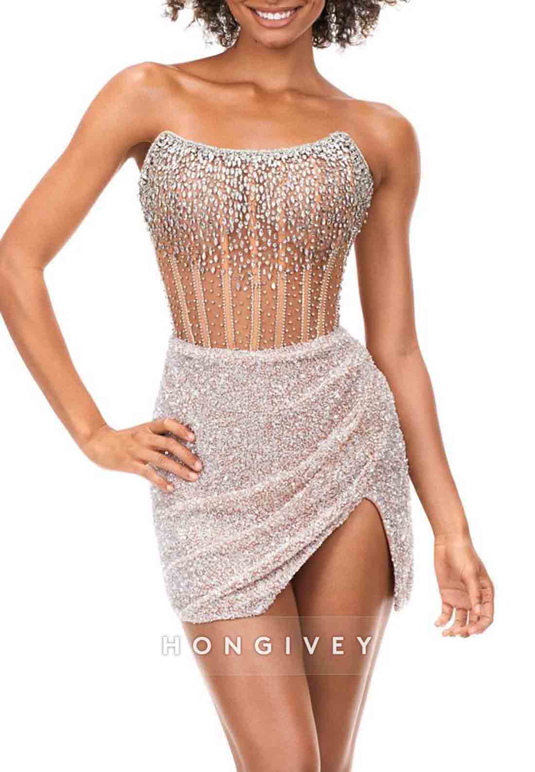 Side Slit Strapless Glitter Sheath Pleated Beading Mini Homecoming Dresses
