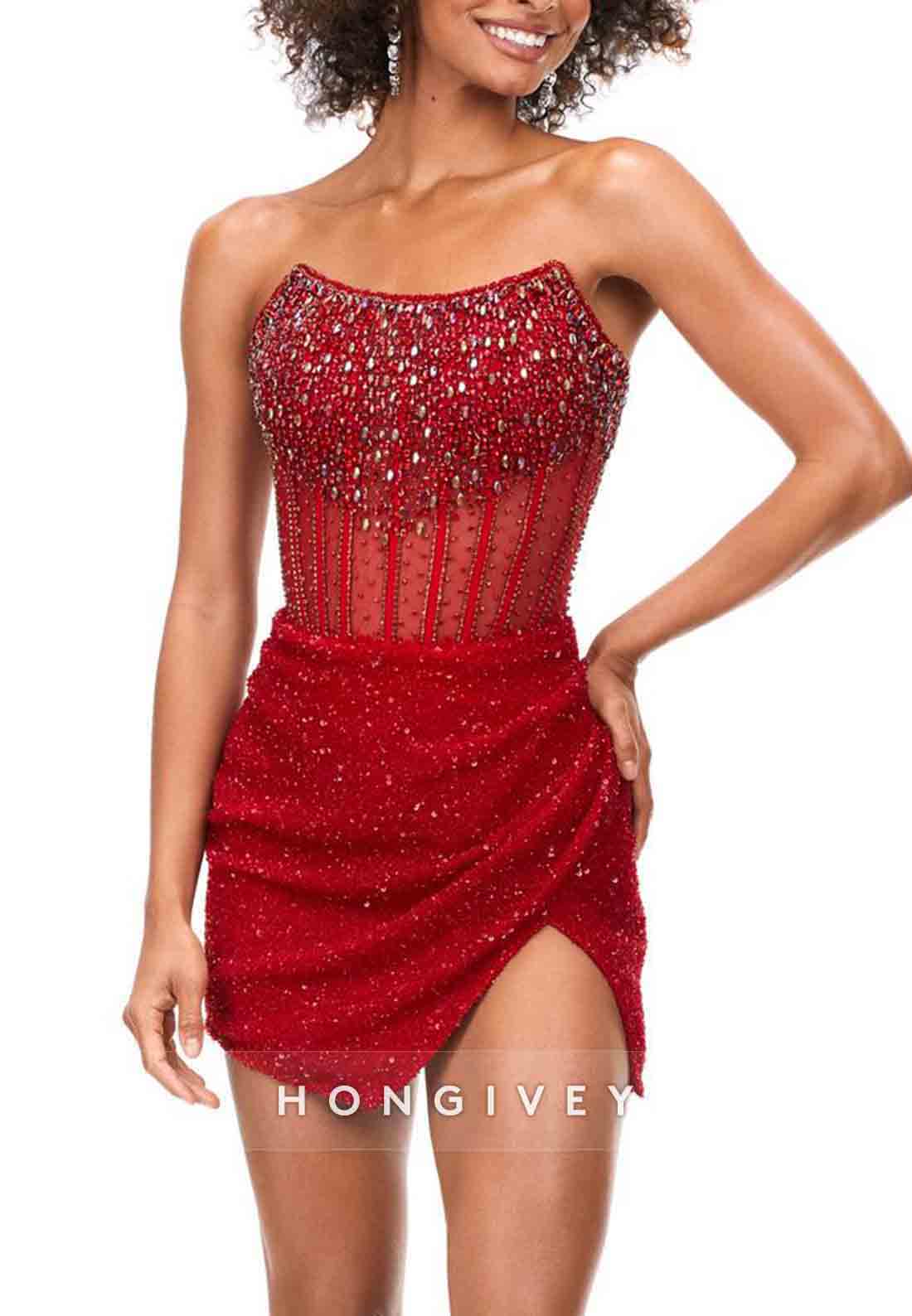 Side Slit Strapless Glitter Sheath Pleated Beading Mini Homecoming Dresses