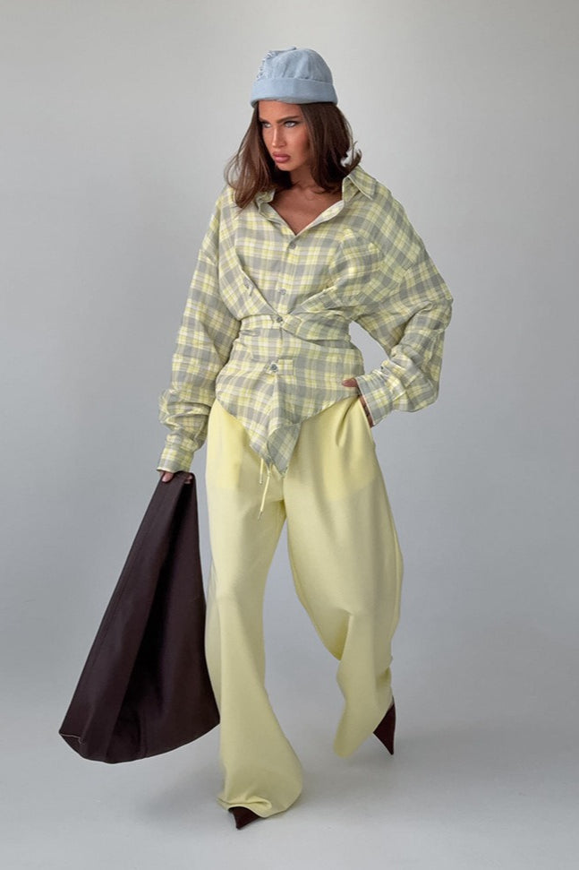 Color-block Plaid Belted Long Sleeve Blouse