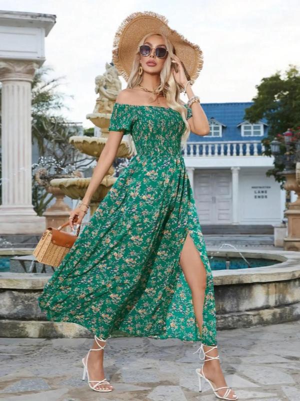 Off Shoulder Smocked Floral High Split Maxi Dress 2