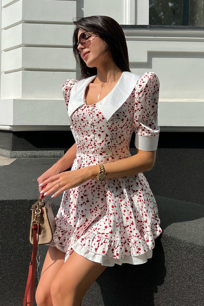 V-Neck Floral Puff Sleeve Babydoll Mini Dress