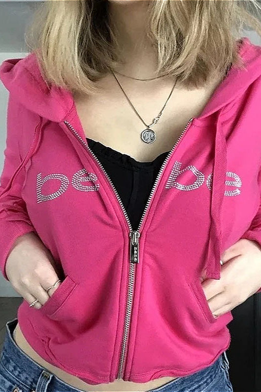 Y2K Retro Bebe Print Pink Rhinestone Hoodie