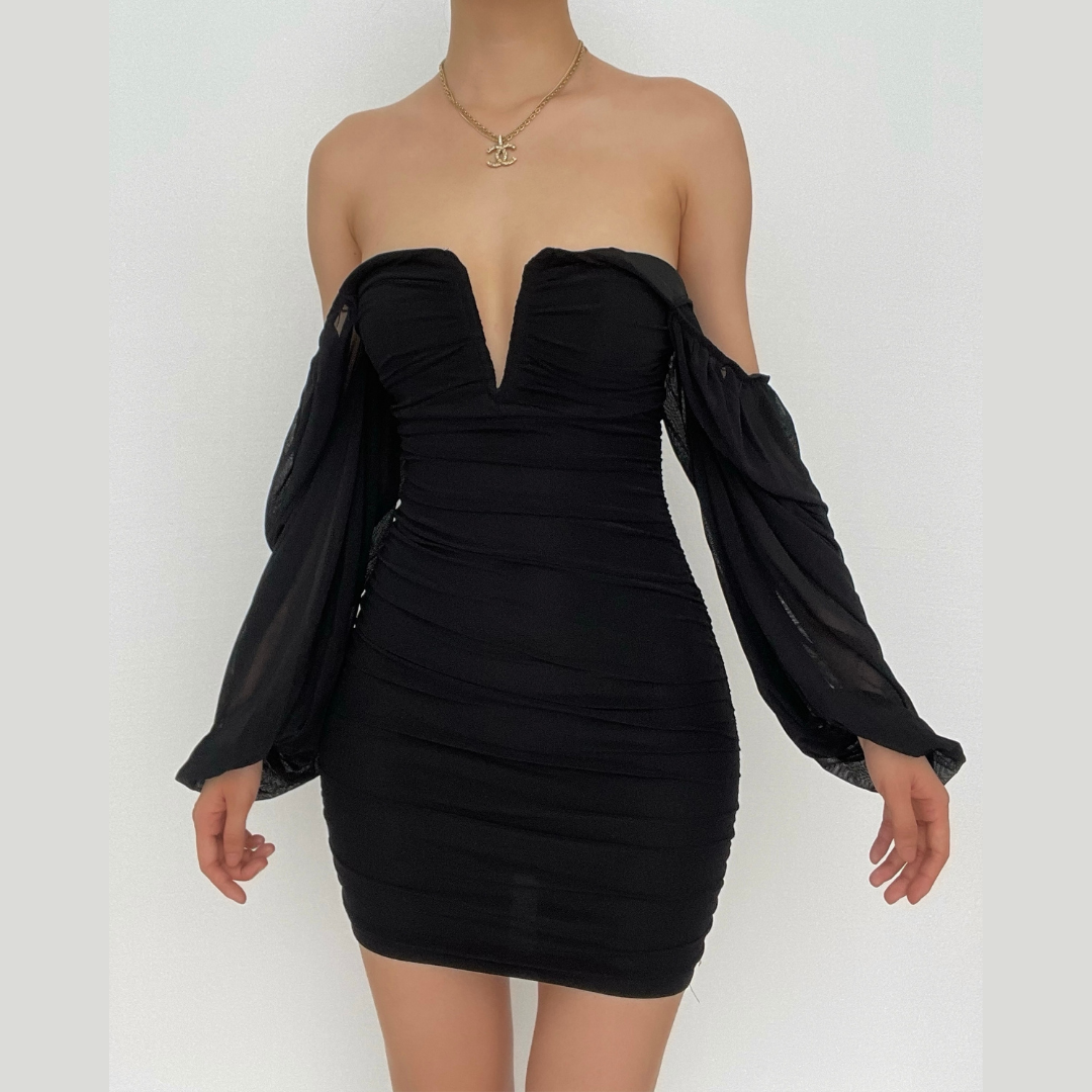 Mesh solid long sleeve ruched notch neck zip-up mini dress - View 4
