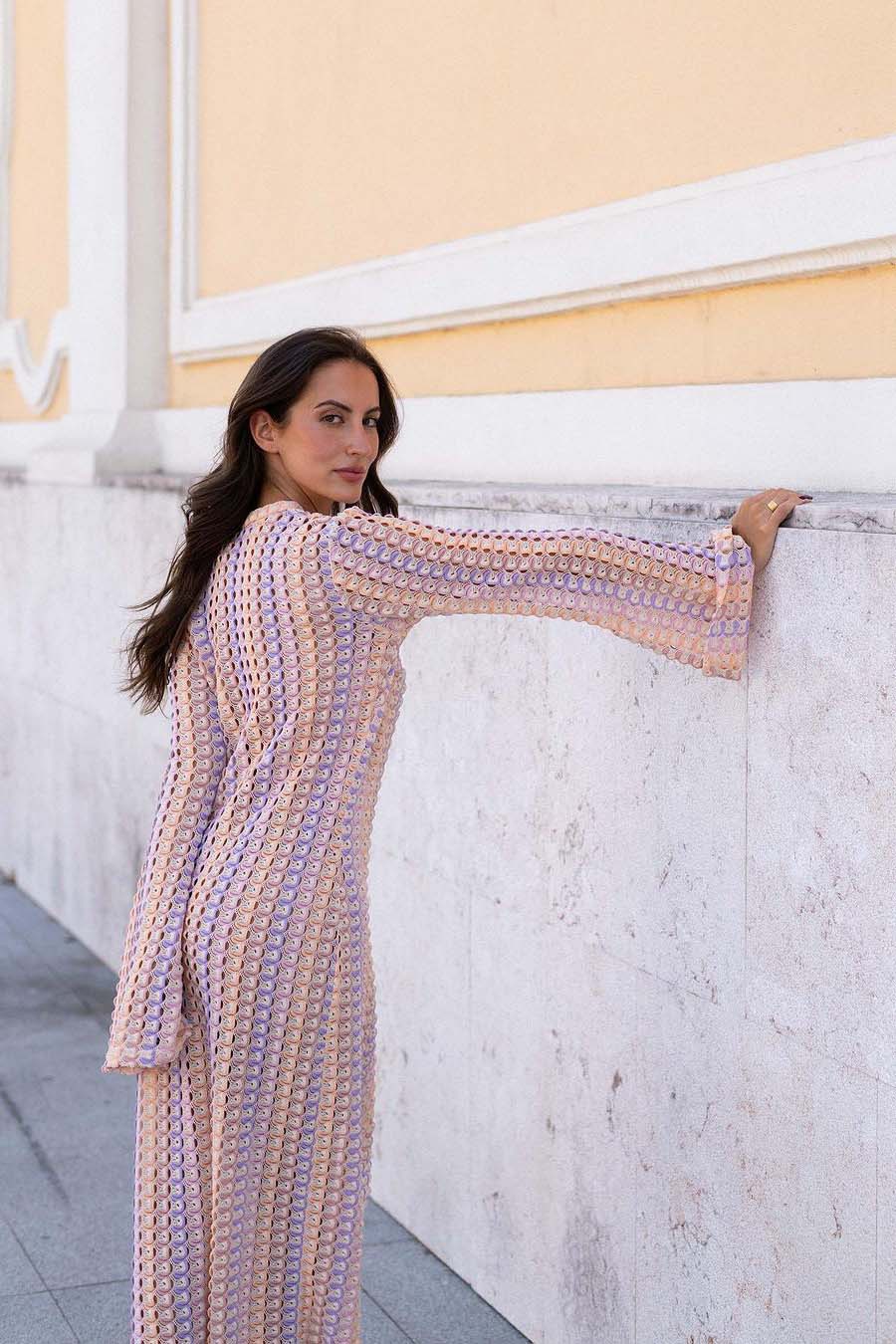 Crochet Deep V-Neck Long Sleeve Striped Boho Maxi Dress - View 11