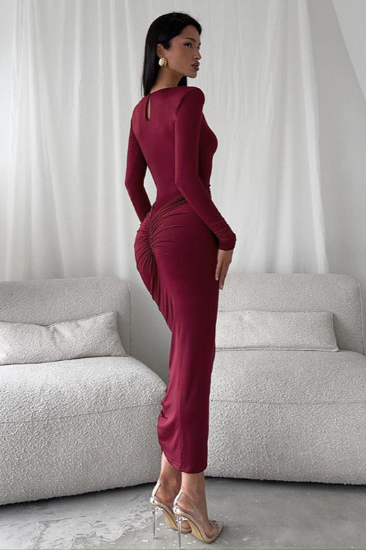 Ruched Long Sleeve Crew Neck Bodycon Maxi Dress
