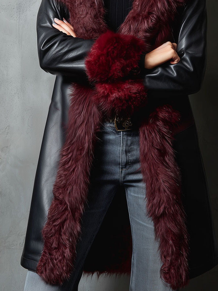 Black And Burgundy Eco Leather Long Coat With Plush Eco Fur Trim & Lining - Fashionpara