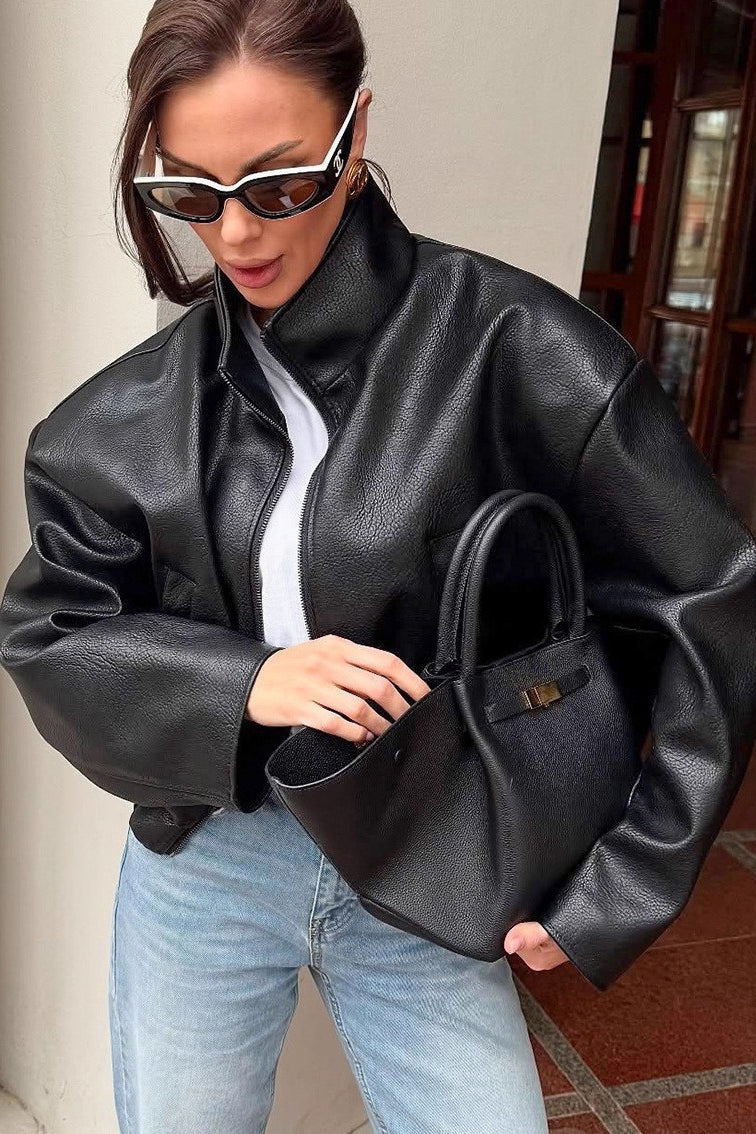 Black Leather Lapel Zip Jacket