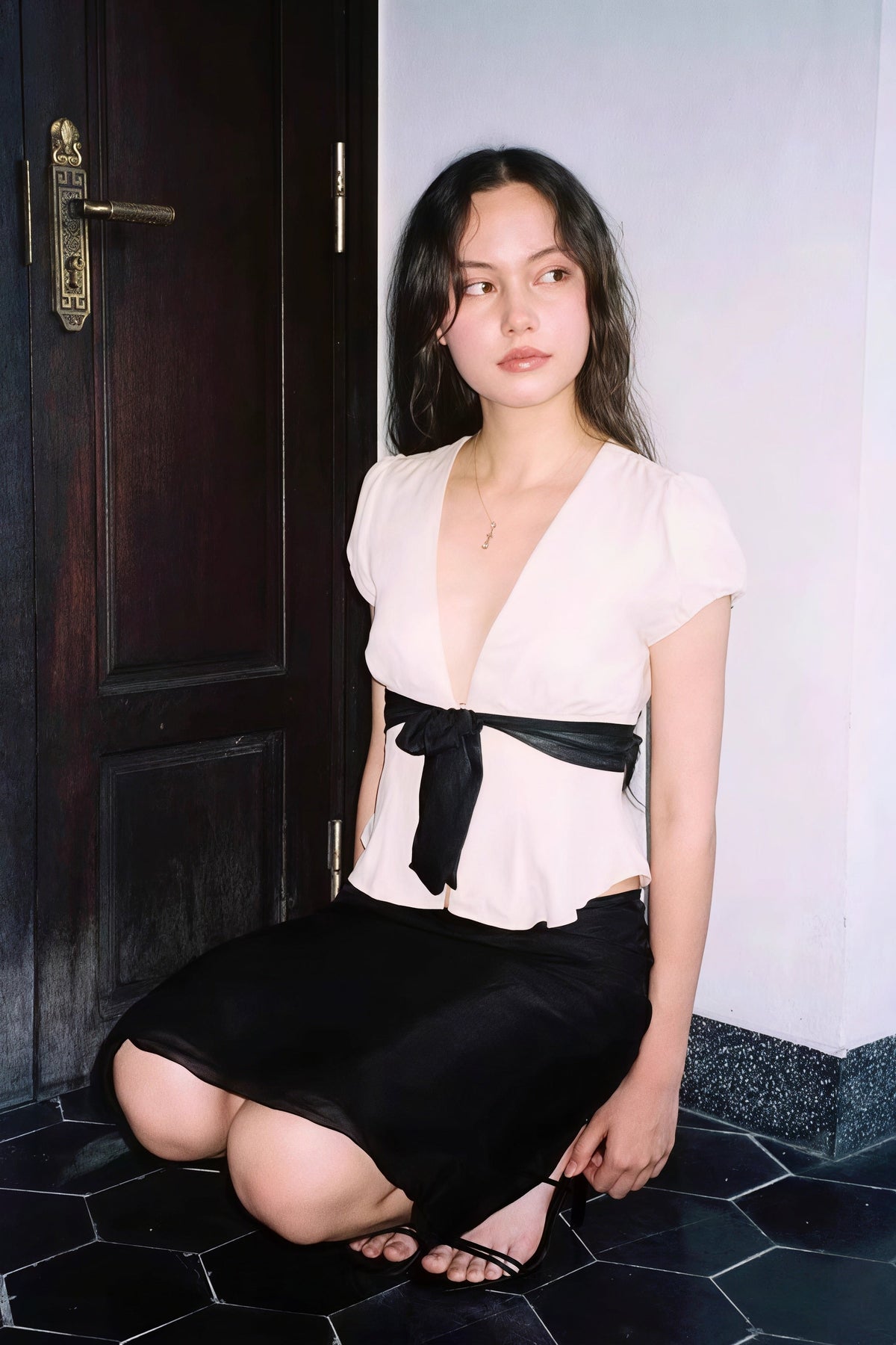 Deep V Neck Bow Tie Waist Blouse