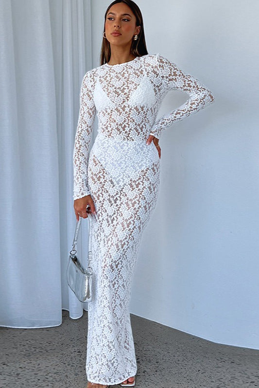 Sheer Floral Lace Round Neck Long Sleeve Maxi Dress