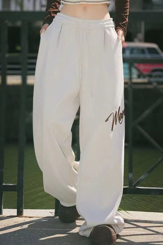 Embroidered Loose Wide Leg Cuffed Casual Pants