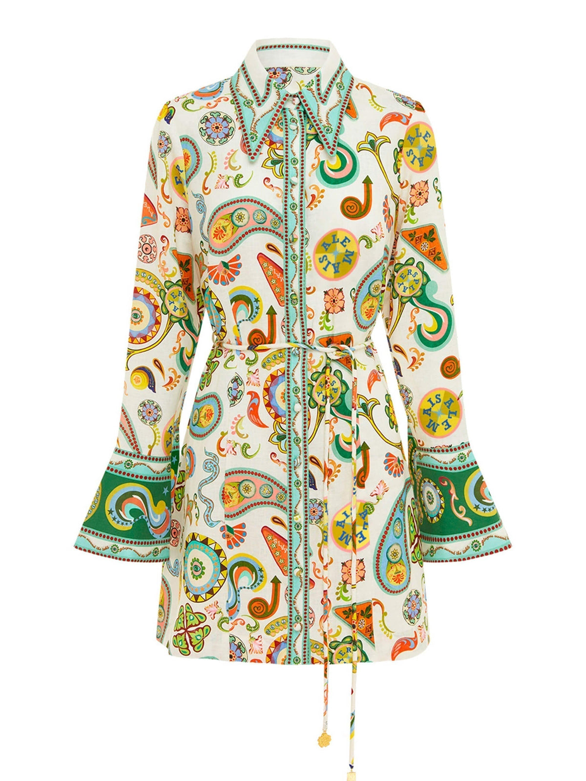 Paisley Print Collared Long Sleeve Shirt Mini Dress