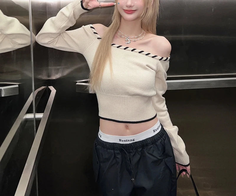 Slim Fit Korean Off-Shoulder Knitted Boat Neck Knit Top - Fashionpara