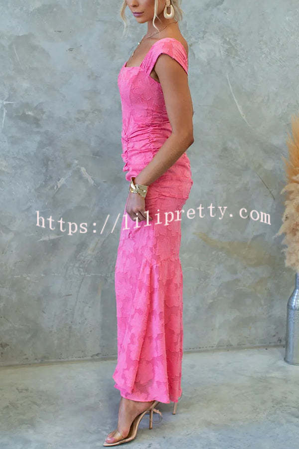 Unreal Beauty Floral Textured Material Ruched Fishtail Maxi Dress - Fashionpara