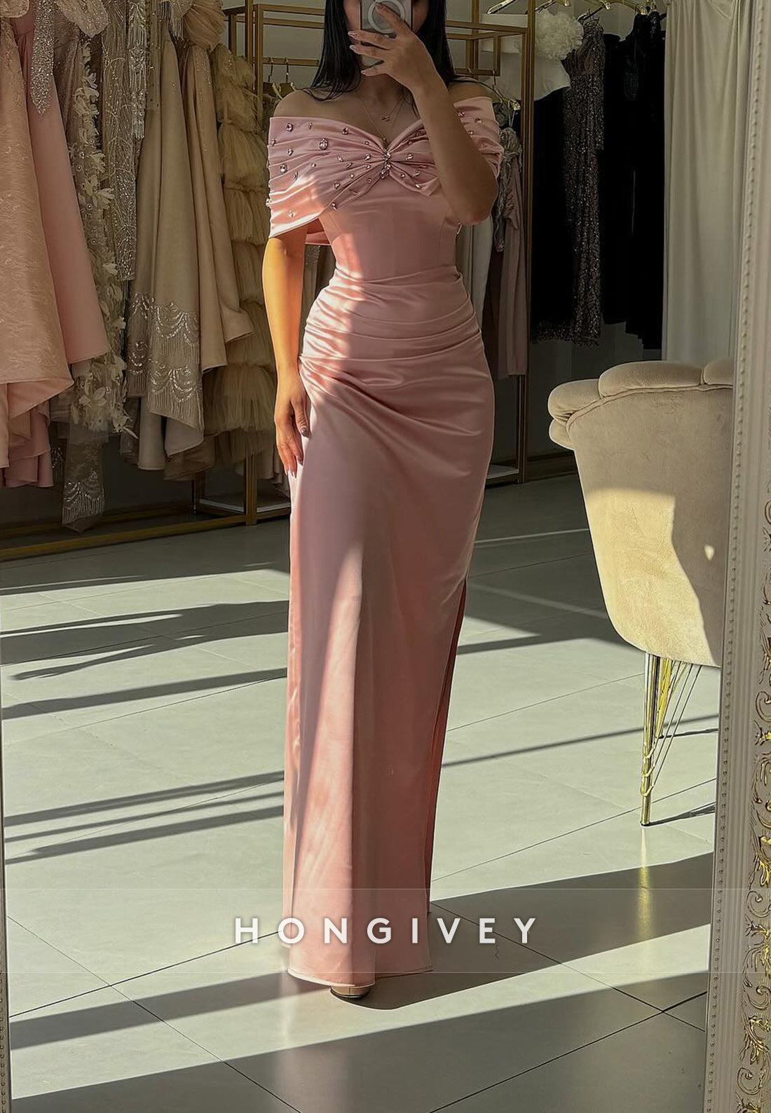 Off the Shoulder Bowknot Sheath Floor-Length Satin Pleated Evening Gown
