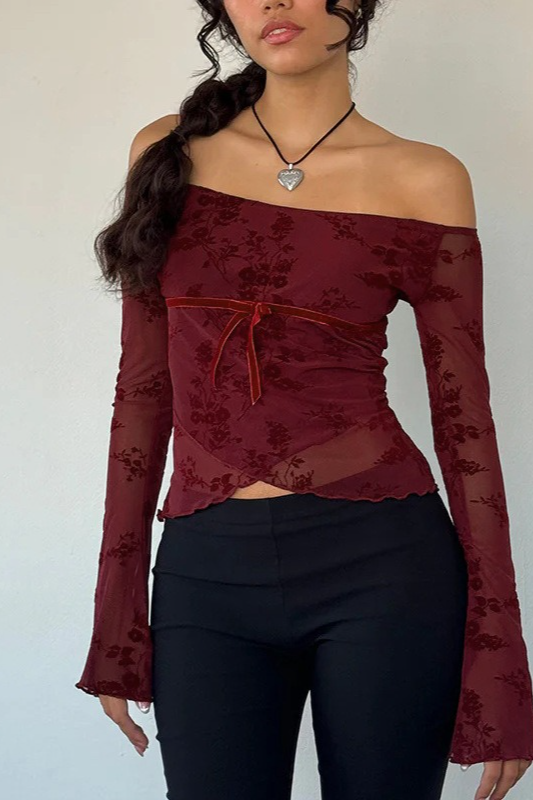 Velvet Mesh Off Shoulder Bow Tie Flare Sleeve Crop Top