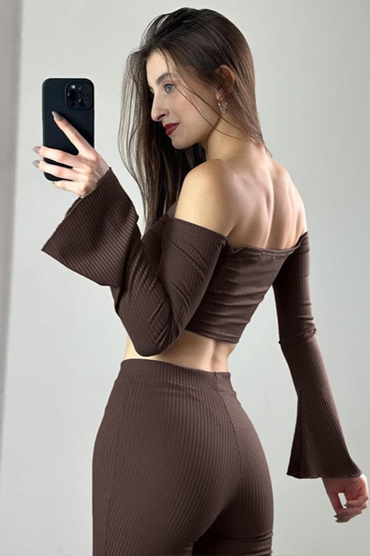 Off Shoulder Long Sleeve Top and Flare Pants Set