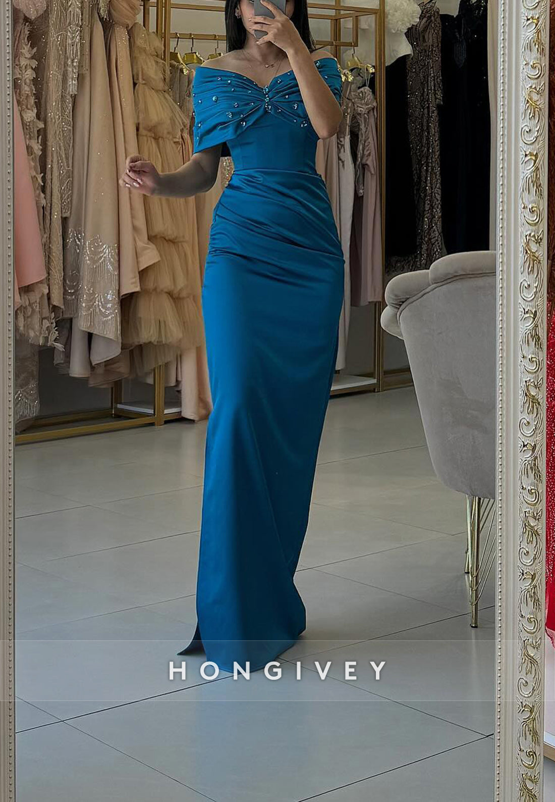 Off the Shoulder Bowknot Sheath Floor-Length Satin Pleated Evening Gown
