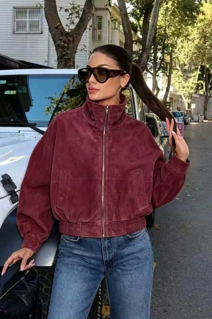 Burgundy Stand Collar Zip Jacket 3