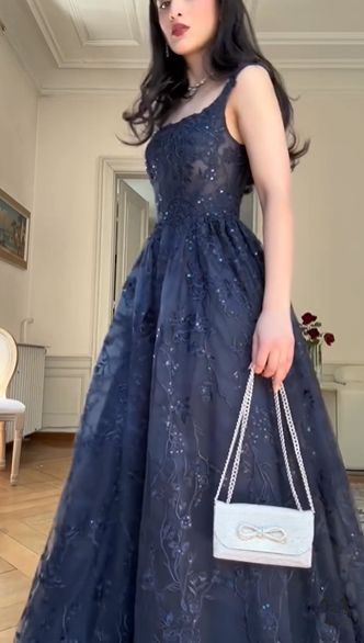 Blue A Line Lace Appliques Prom Dress Elegant Evening Gown - Fashionpara