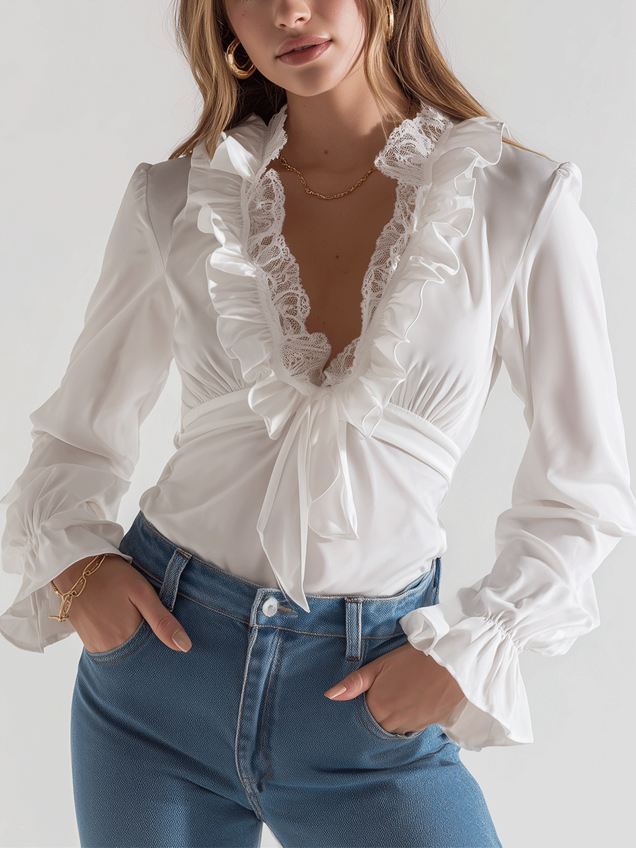 Romantic Ruffle White Lace Blouse - Fashionpara
