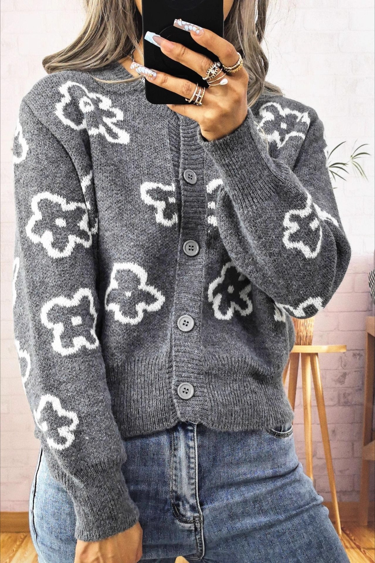 Floral Jacquard Knit Cardigan with Elegant Button Detail