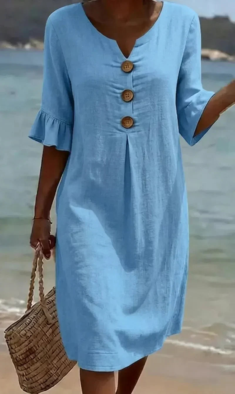 V-Neck Button Placket Flutter Sleeve Linen Look Midi Dress 5