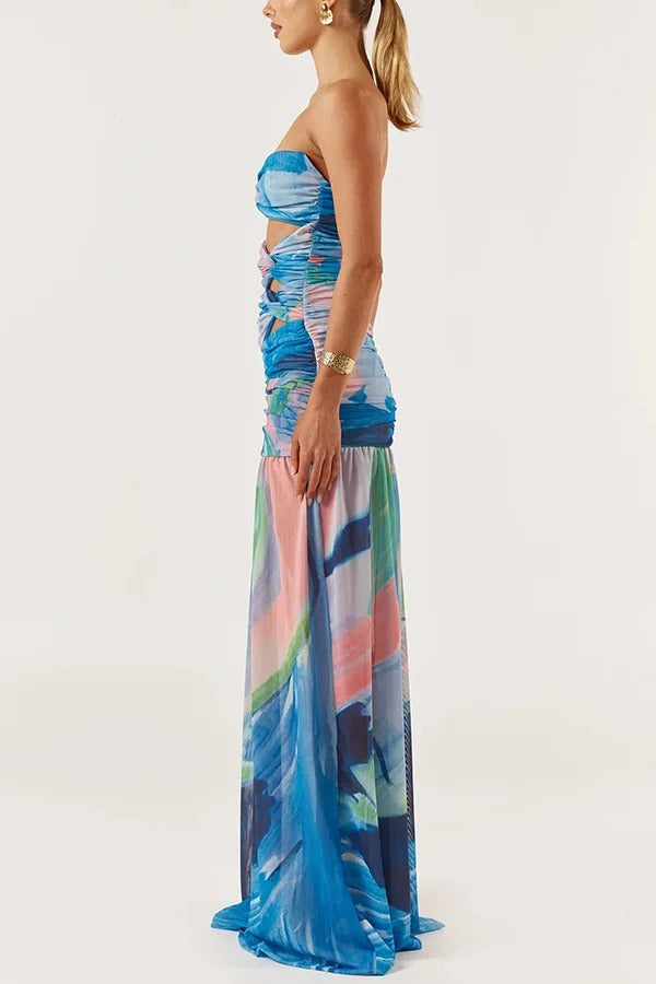 Colorful Ocean Mesh Printed Twist Cutout Off Shoulder Vacation Maxi Dress - Fashionpara