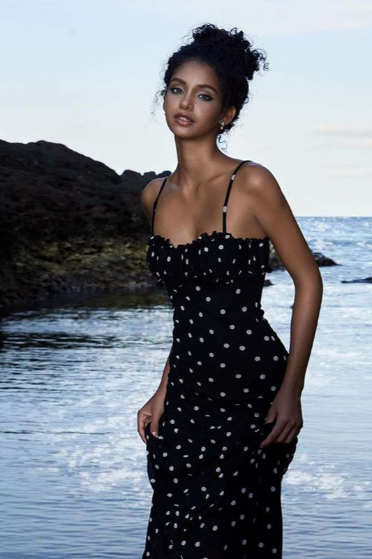 Polka Dot Floral-Trim Spaghetti Strap Mermaid Maxi Dress