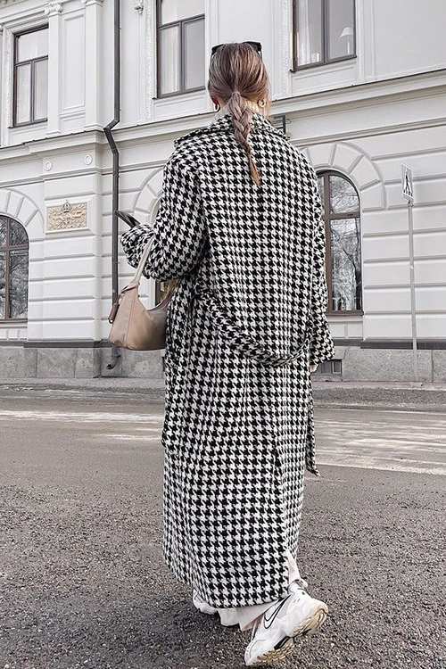 Houndstooth Long Chic Mature Overcoat - Fashionpara