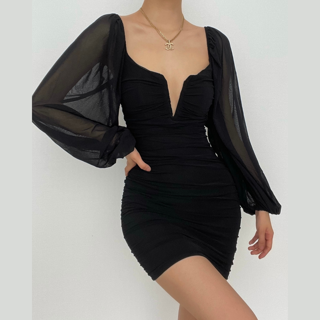 Mesh solid long sleeve ruched notch neck zip-up mini dress - View 5
