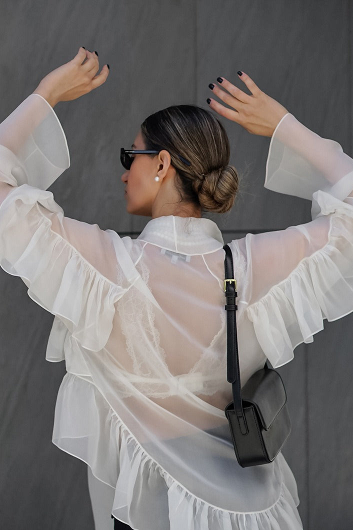 Ruffle Tie Neck Tencel Blouse