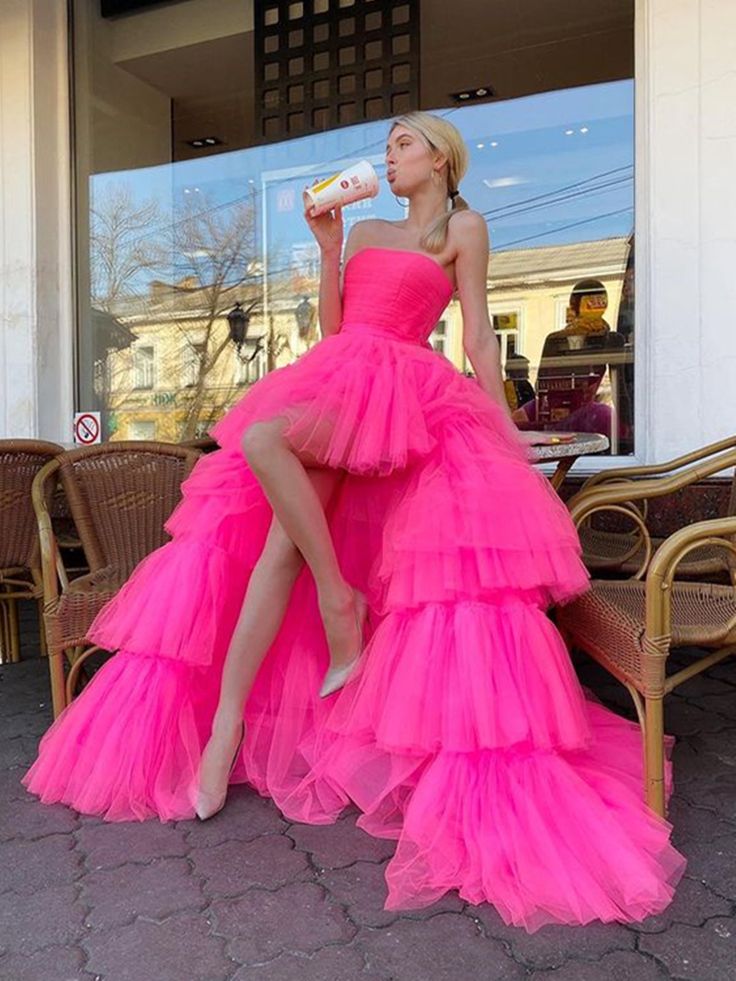 Hot Pink High Low Tulle Long Prom Dresses, Hot Pink High Low Formal Graduation Dresses - Fashionpara