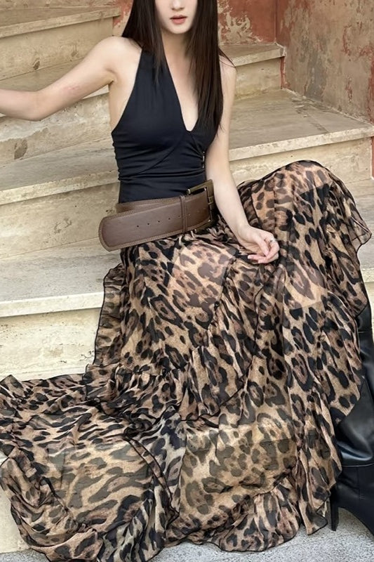 Y2K Leopard Print High-Waisted Loose Fit Skirt