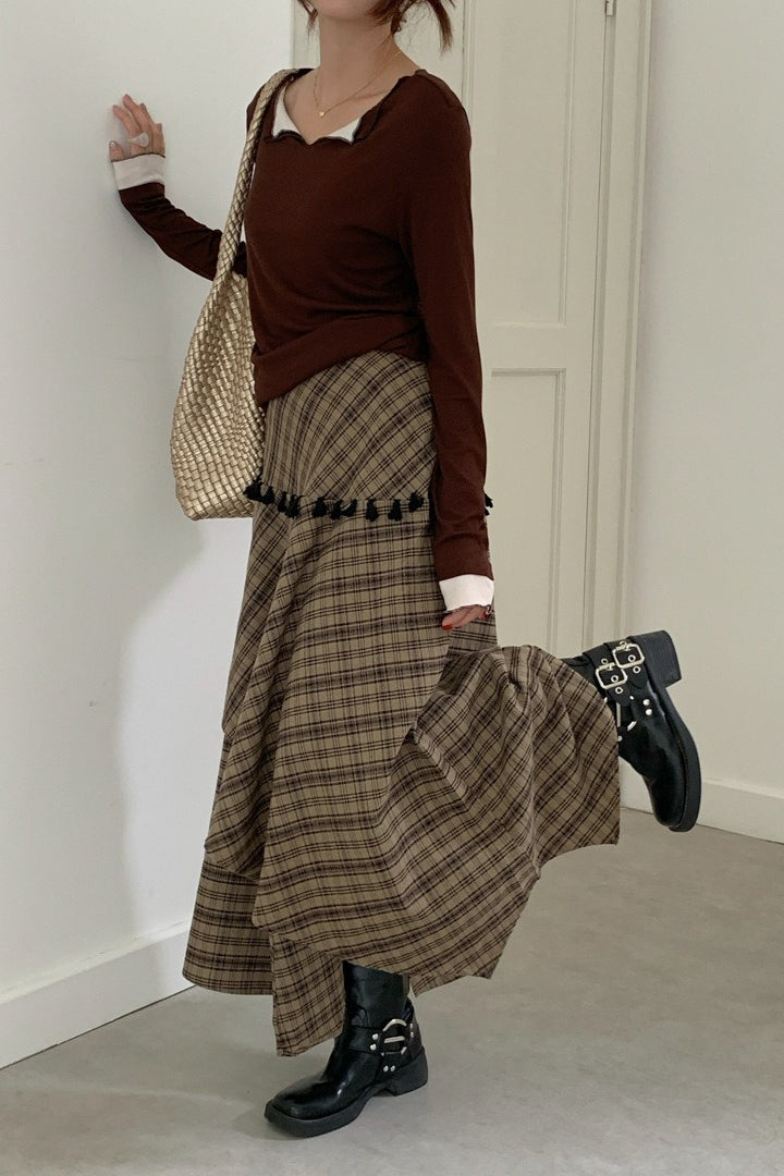 Vintage Asymmetrical Plaid Maxi Skirt