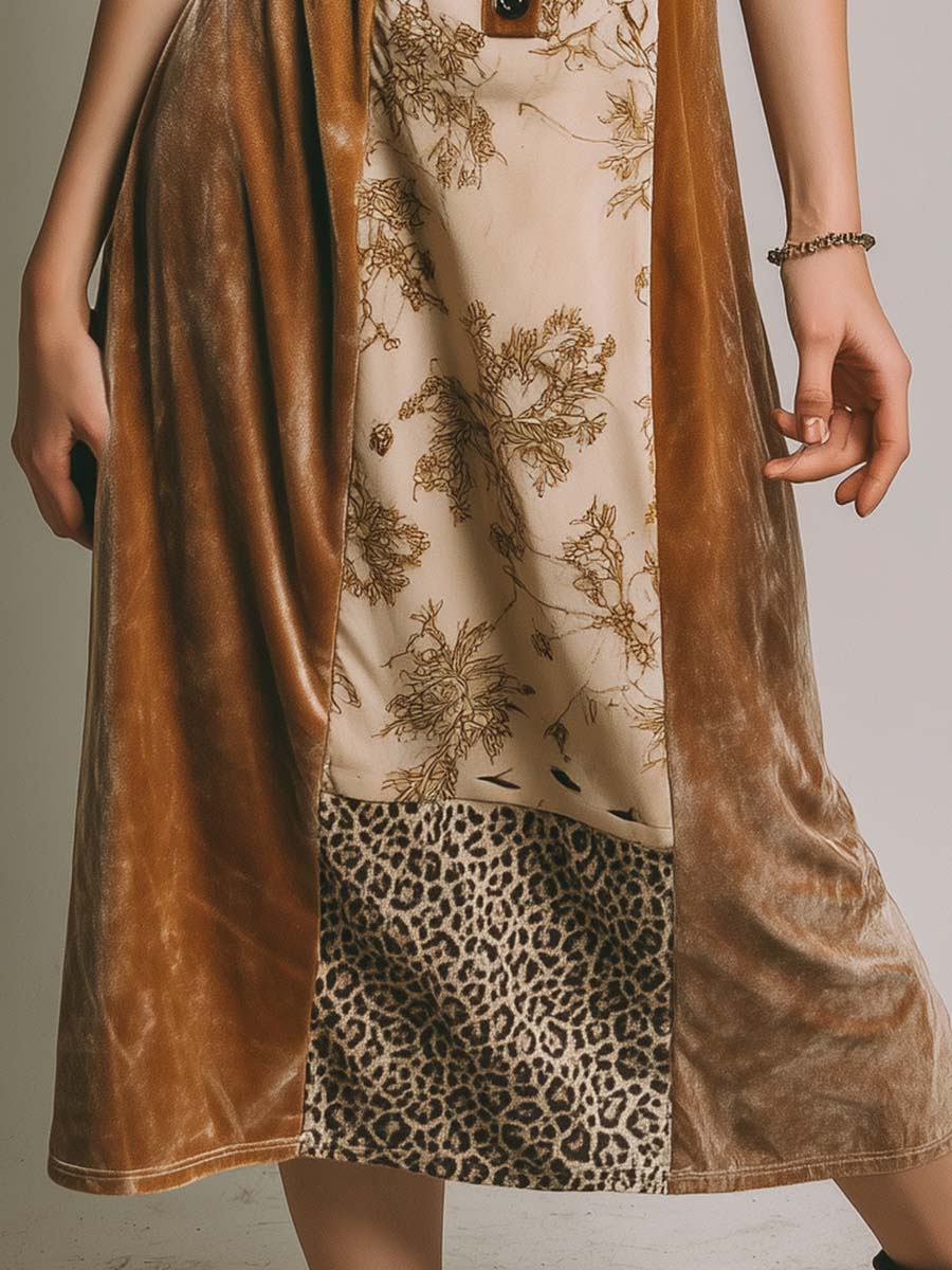Vintage Velvet Leopard Floral Patchwork Print Shirt Midi Dress - Fashionpara