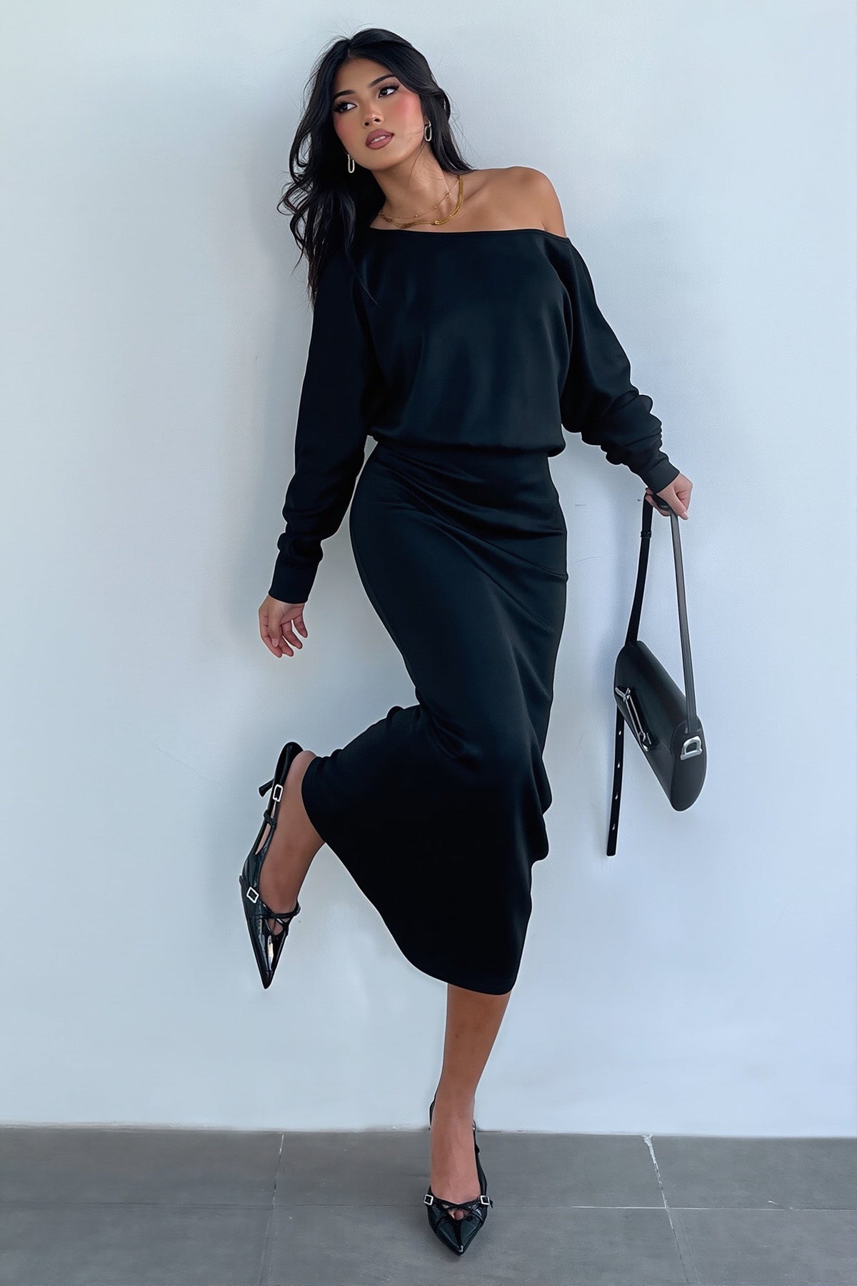 Satin Off Shoulder Long Sleeve Maxi Dress