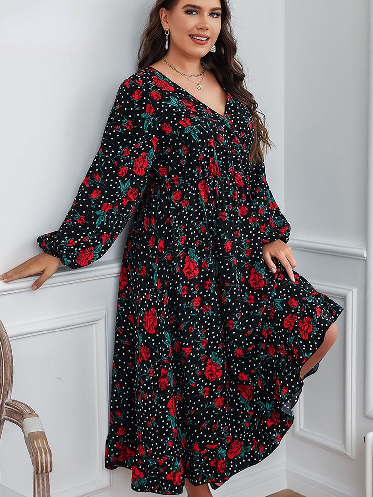 Print V-Neck Swing High Waist Loose Midi Dresses 4