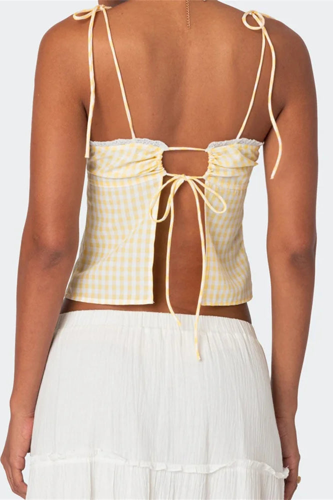 Plaid Tie-up Backless Ruched V-neck Crop Top