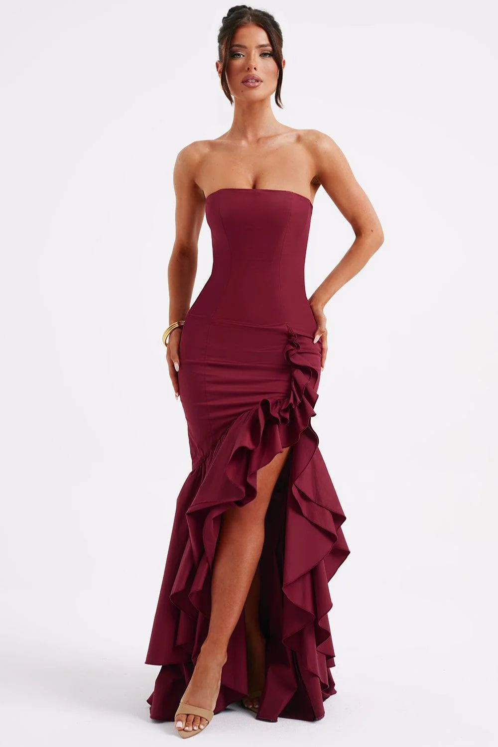Elegant Strapless Slit Backless Maxi Birthday Dress