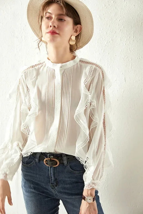 White Tiered Ruffles Hollow Out Cotton Boho Blouse
