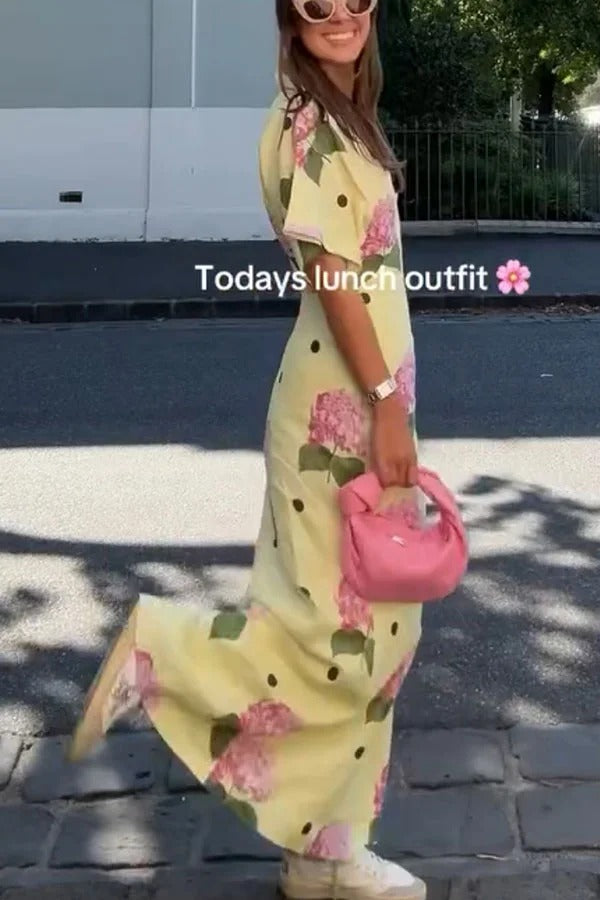 Jasmine Linen Blend Floral Polka Dot Wide Sleeve Shirt Maxi Dress - Fashionpara