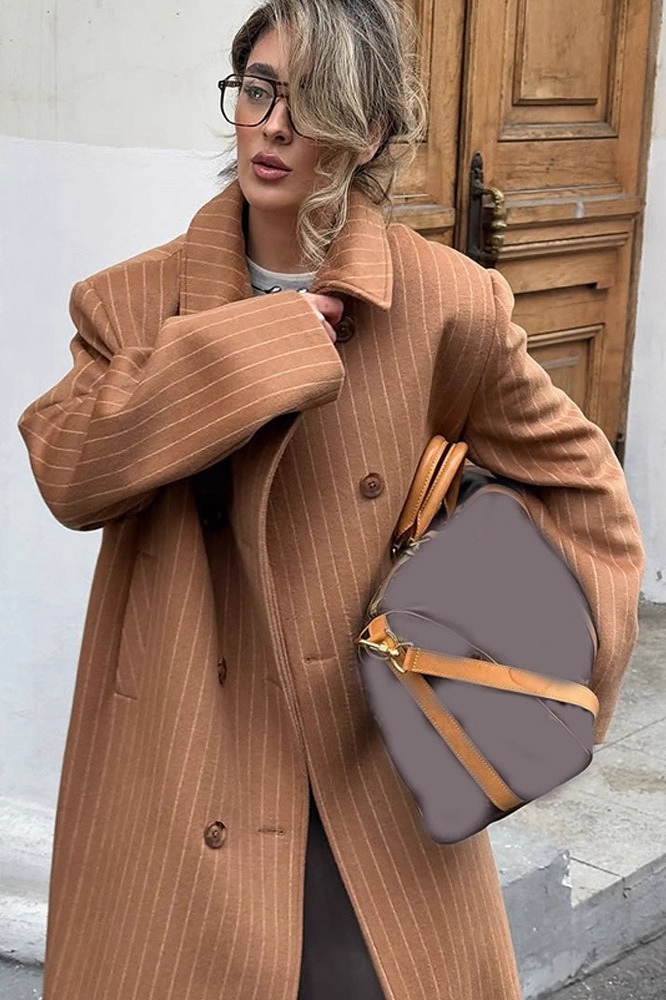 Vintage Pinstripe Notch Collar Long Wool Overcoat - Fashionpara