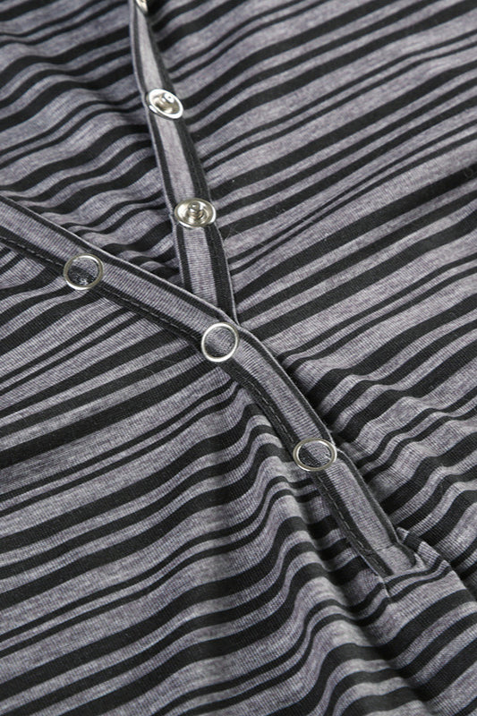 Hooded Striped Color Block Button V Neck Long Sleeve Blouse