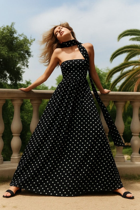 Polka Dot Strapless Scarf-Neck Fit-and-Flare Dress