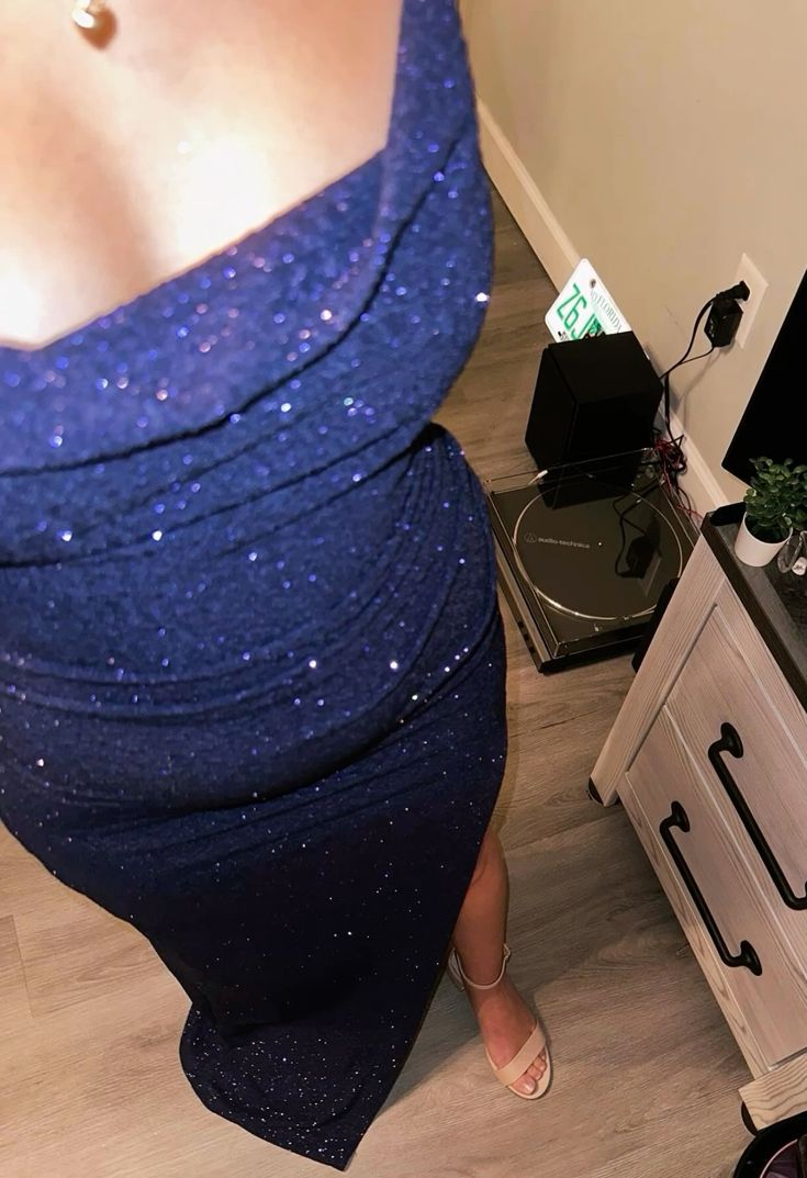Pretty Spaghetti Straps Navy Blue Sequin Slit Evening Dress Long Wedding Guest Dress Prom Dress D1598